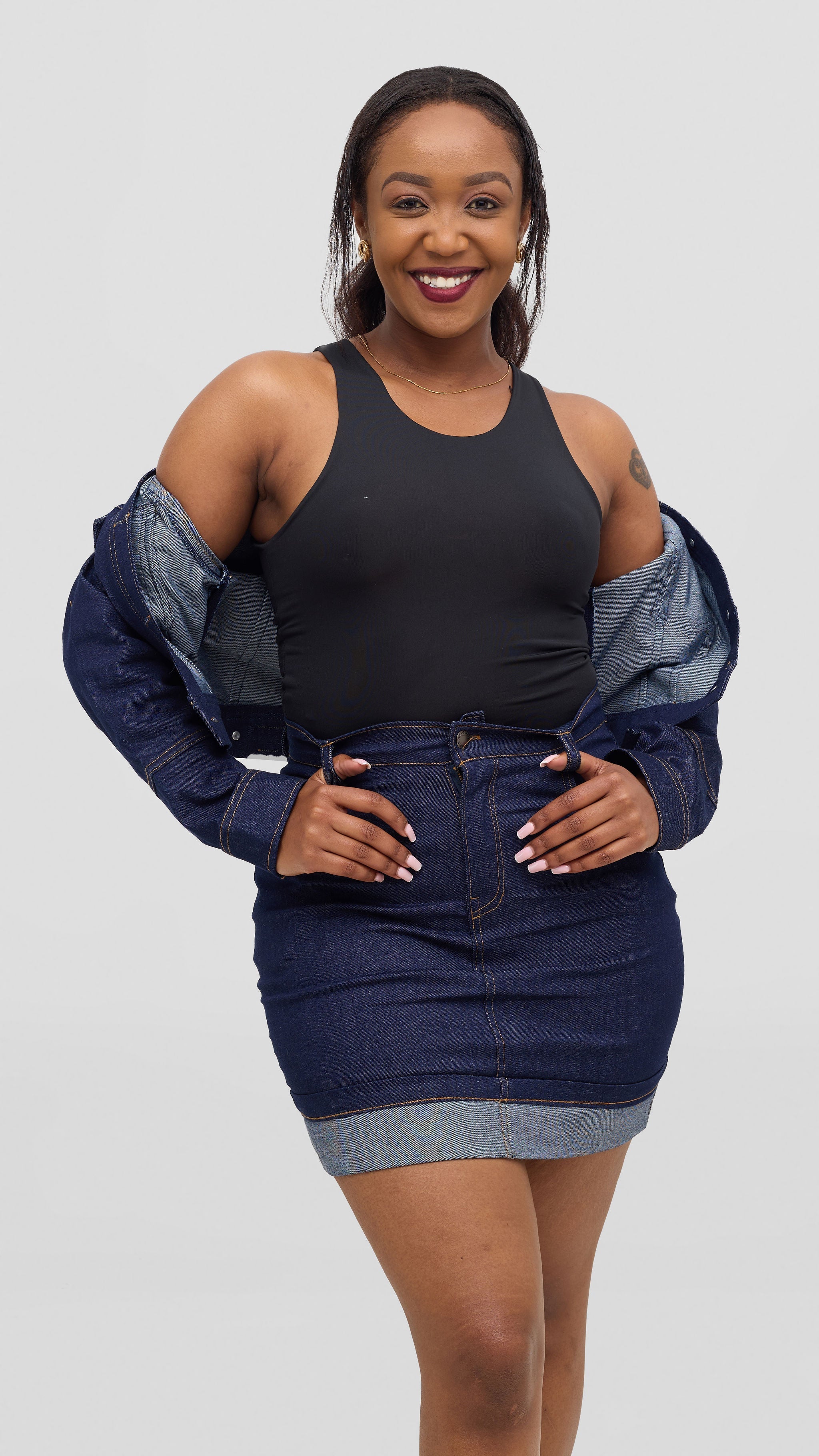 Mini skirt and jacket denim set