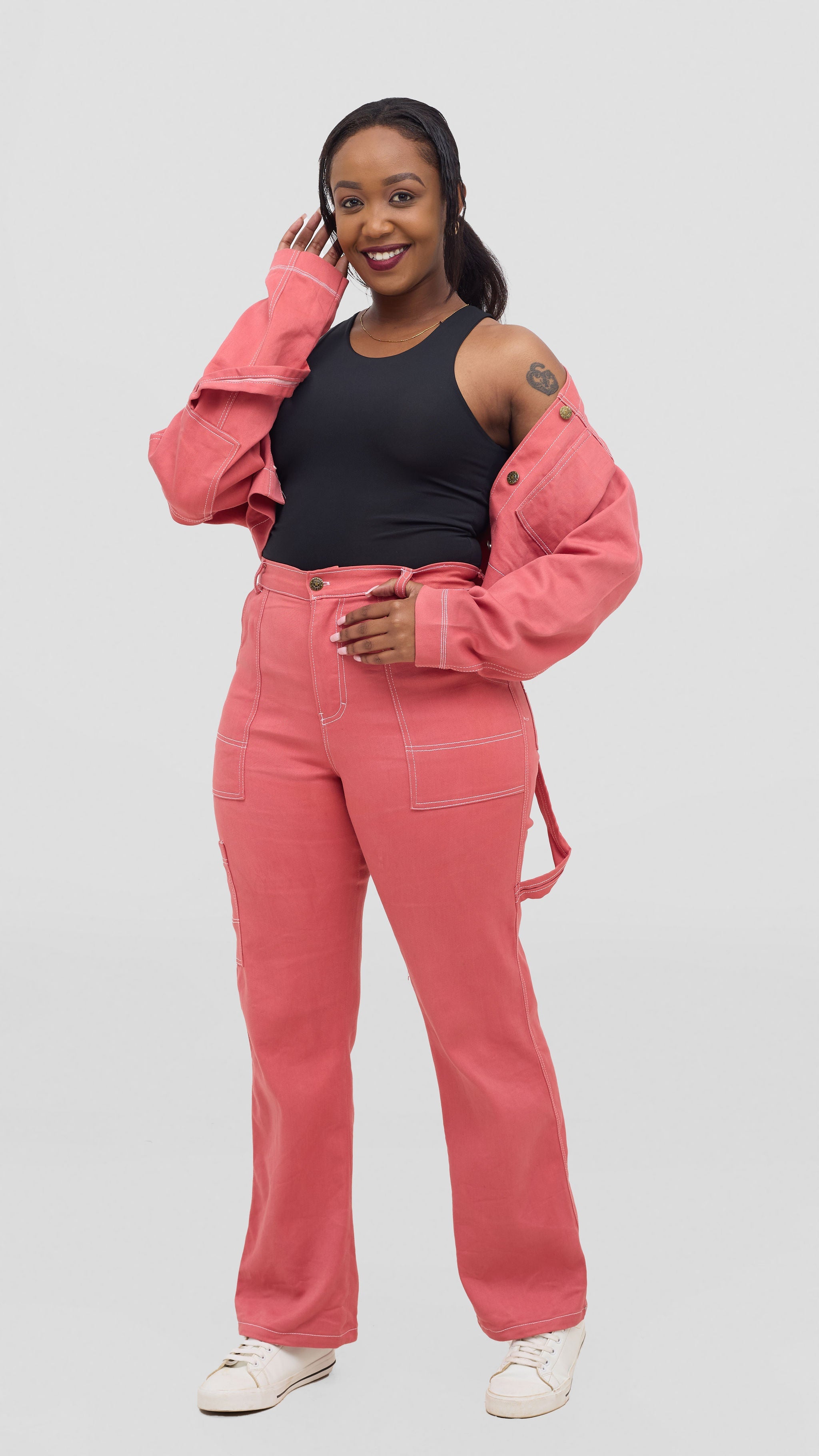 Pink denim pants set