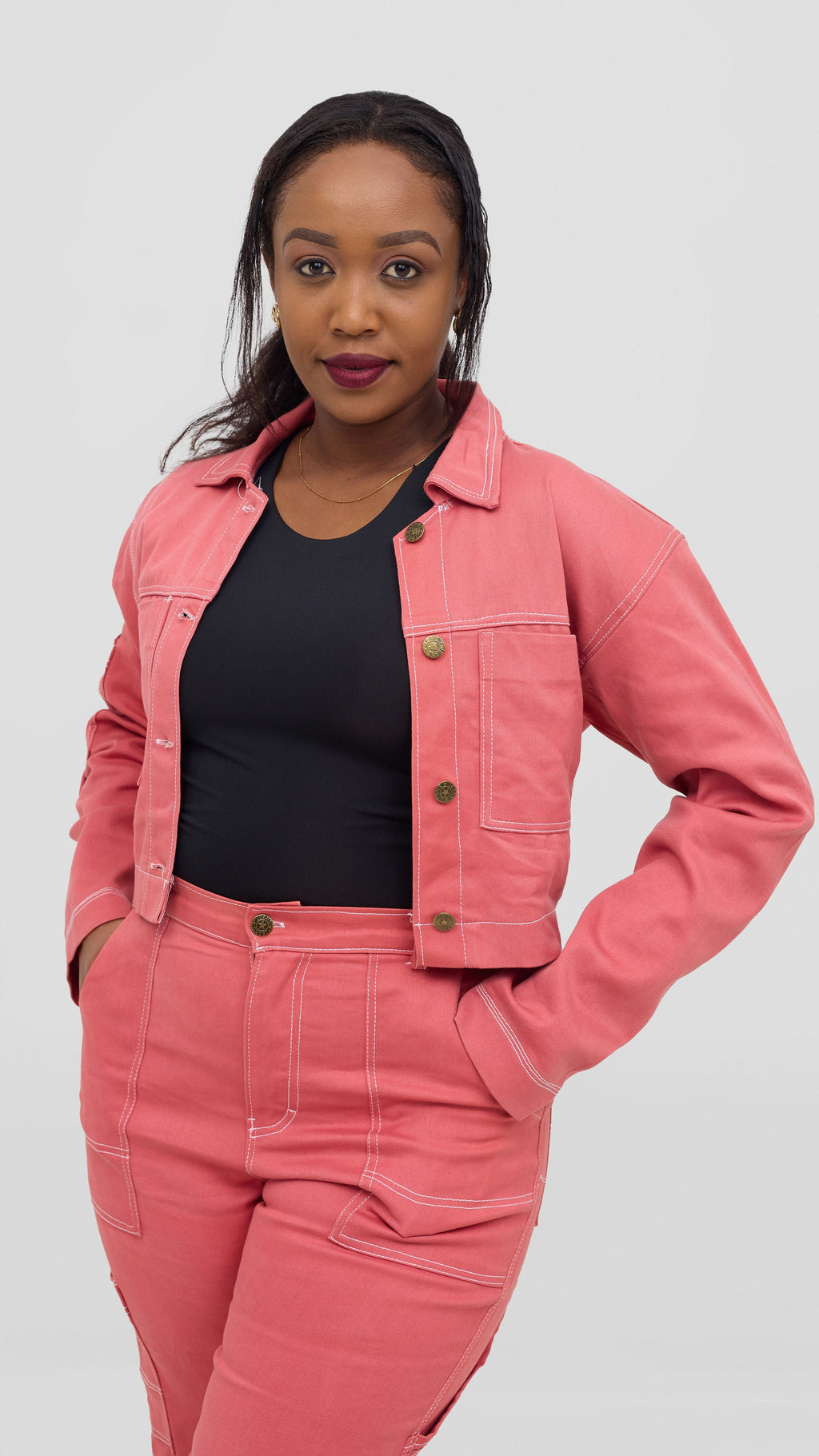 Pink denim pants set
