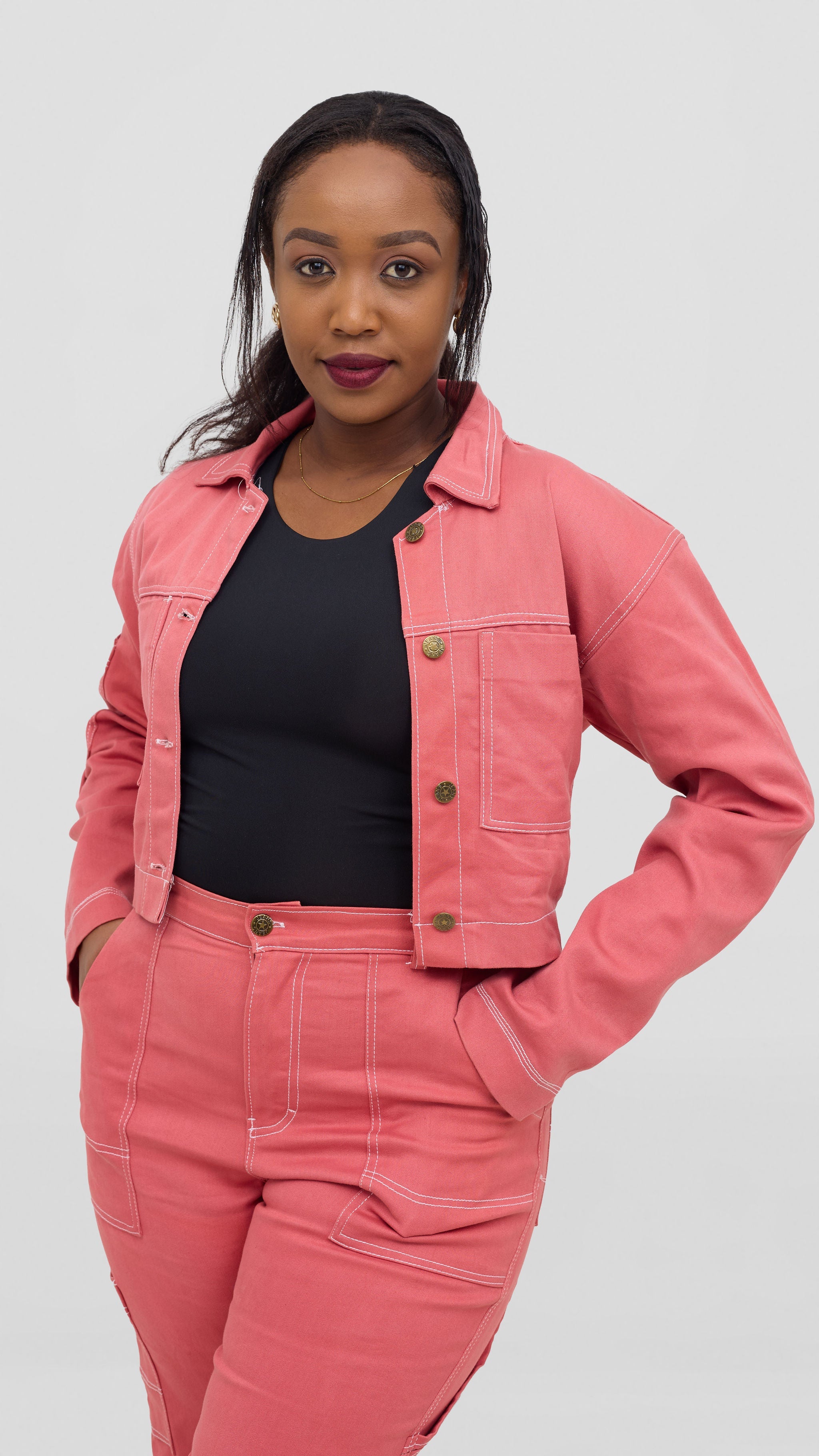 Pink denim pants set