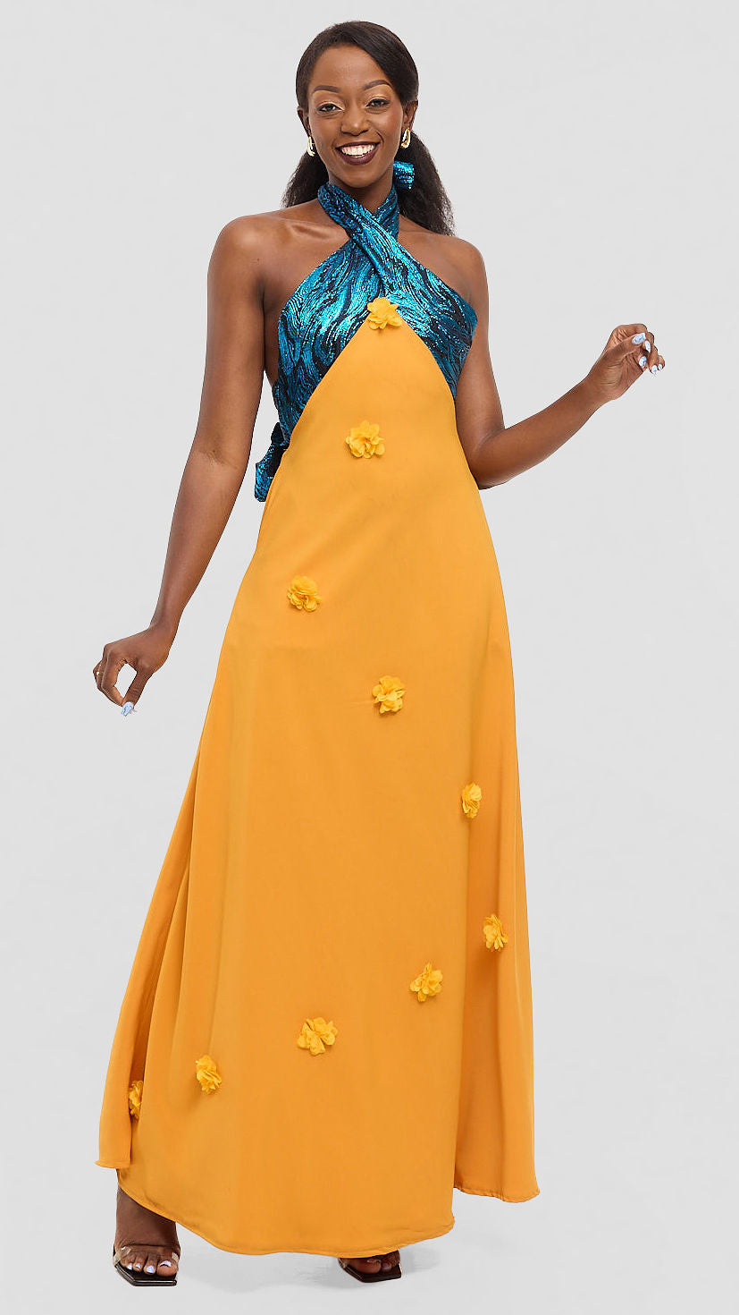 Waridi Dress - Marigold & Teal Halter Maxi Dress
