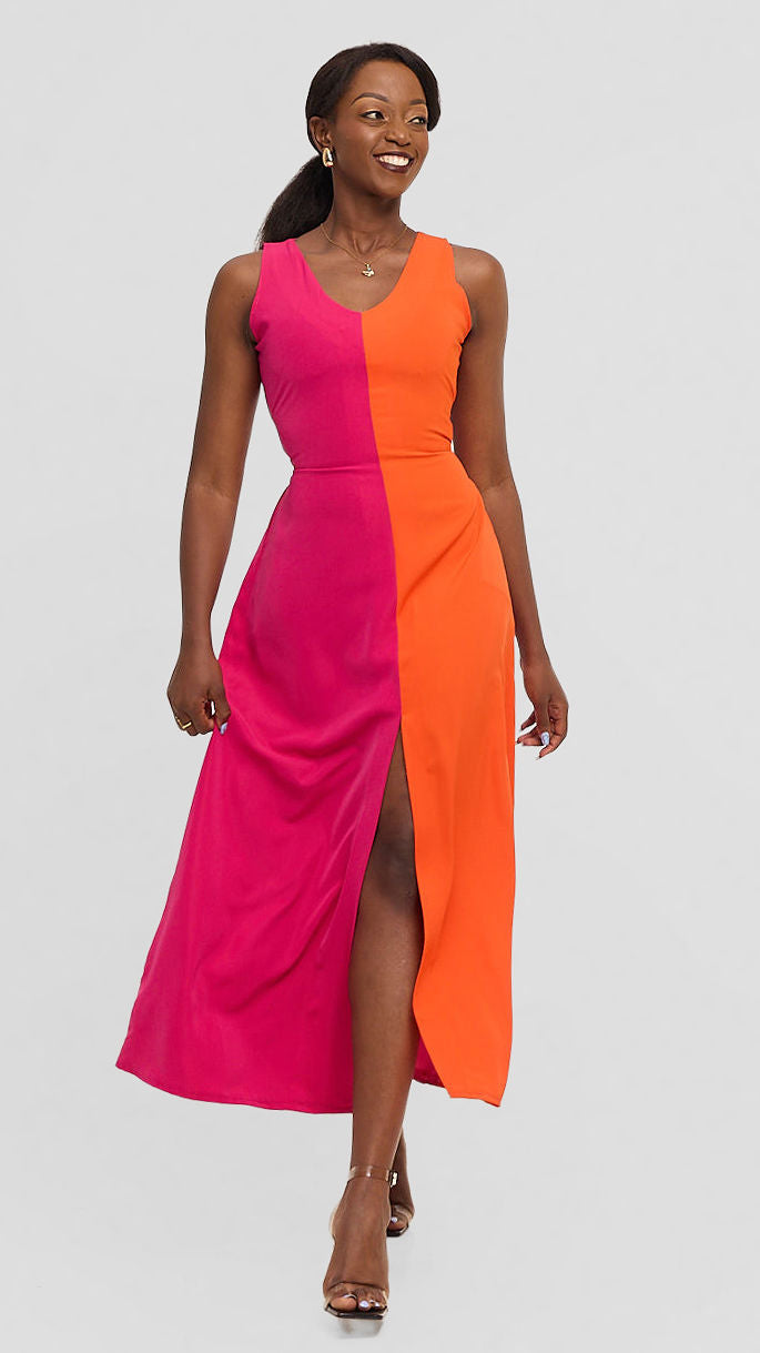 Maria Dress - Pink & Orange Colour-Block Maxi Dress