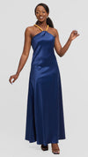 Soila Silk Dress - Navy Beaded Halter Maxi Dress