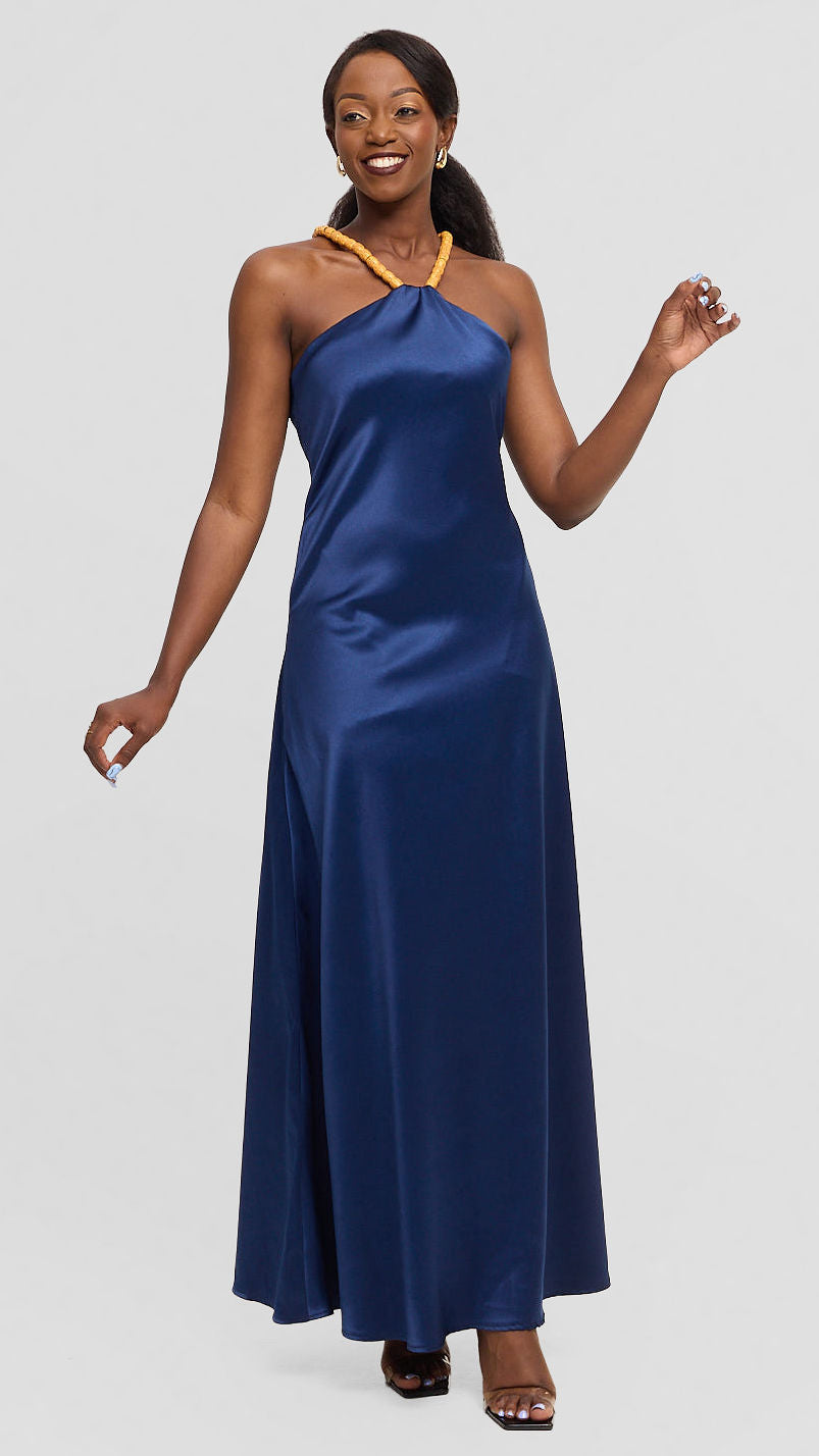 Soila Silk Dress - Navy Beaded Halter Maxi Dress