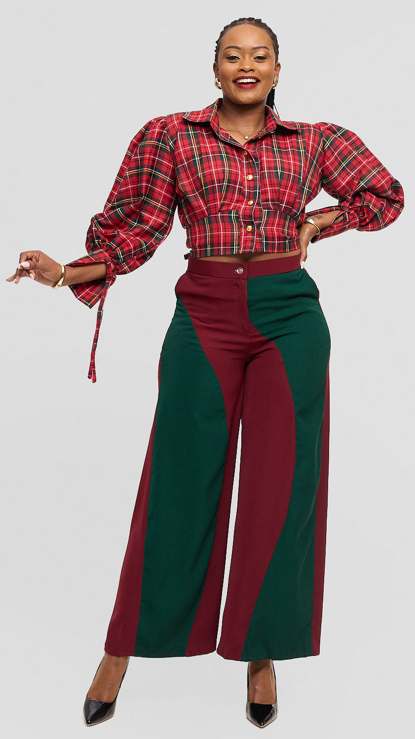 Malala Set - Tartan Crop Shirt & Colour-Block Wide-Leg Trousers