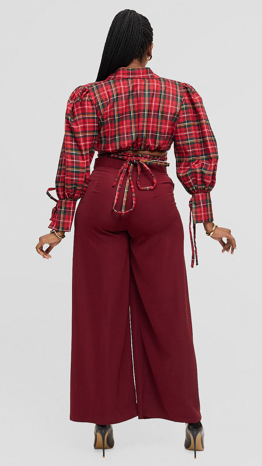 Malala Set - Tartan Crop Shirt & Colour-Block Wide-Leg Trousers