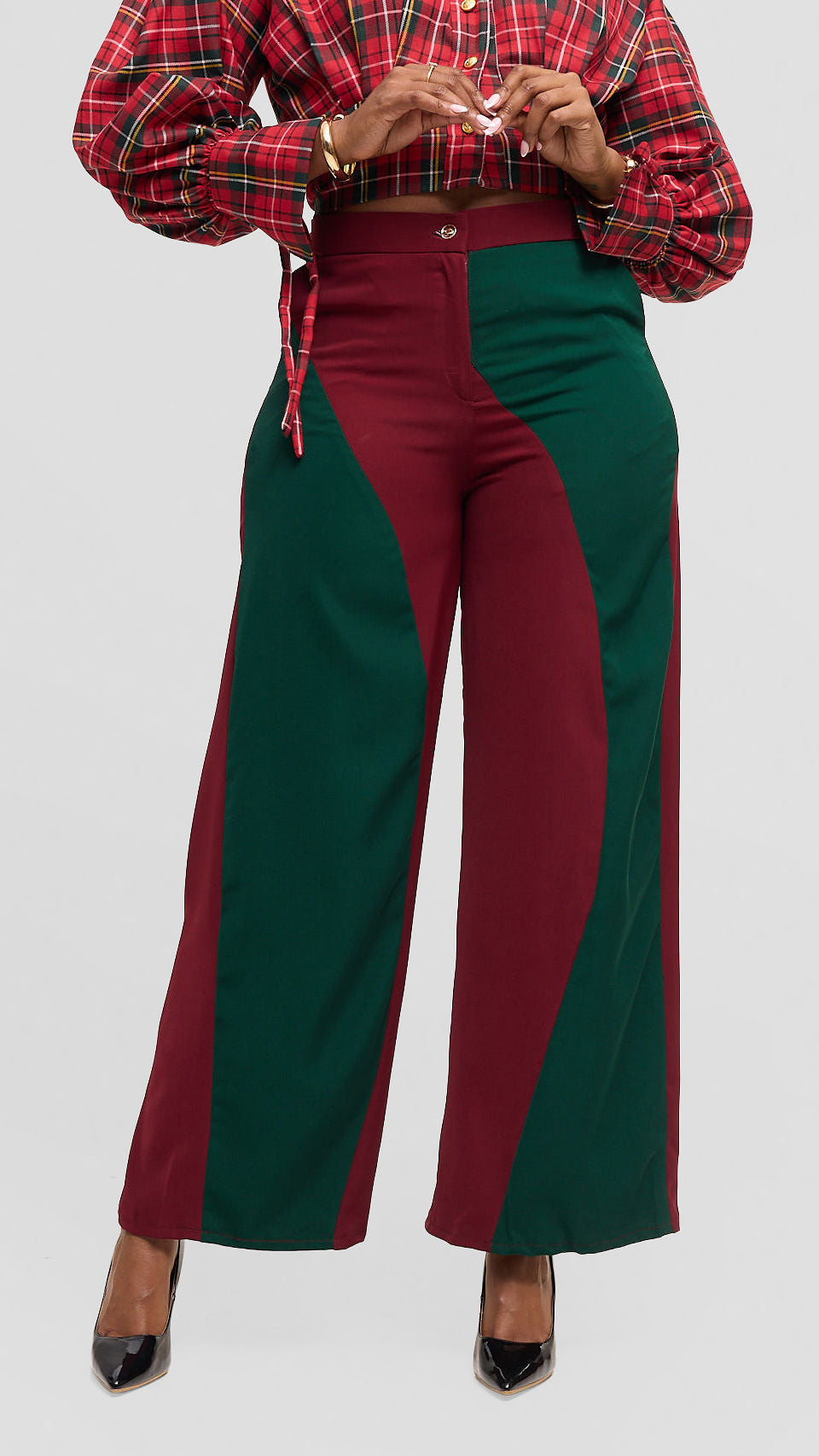 Malala Pants - Green & Maroon Colour-Block Wide-Leg Trousers