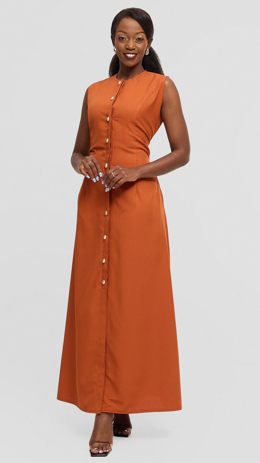 Kombe Dress - Rust Cowrie-Button Maxi Dress