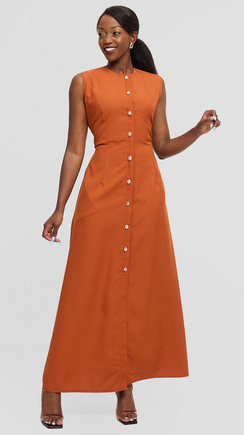 Kombe Dress - Rust Cowrie-Button Maxi Dress