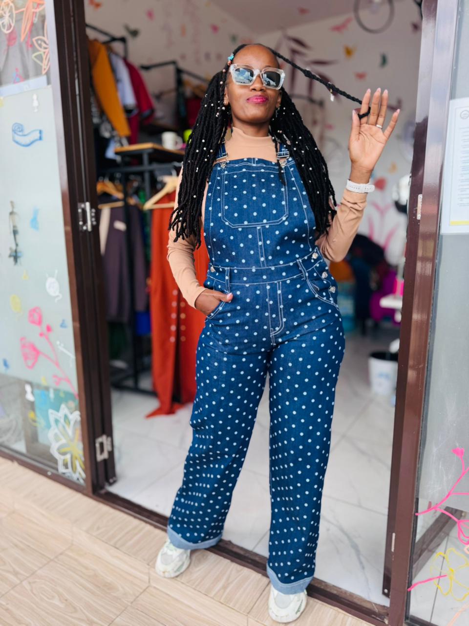 Polka Dot Denim Jumpsuit